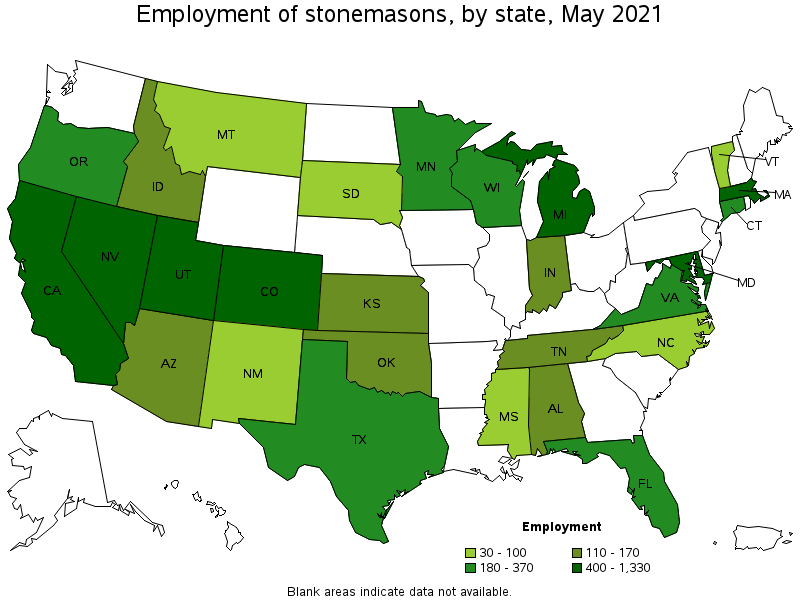 Map of employment of stonemasons by state, May 2021