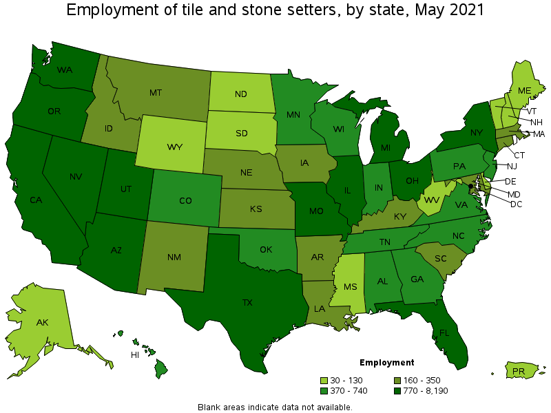 Map of employment of tile and stone setters by state, May 2021