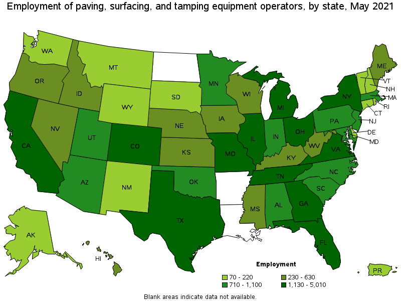 Map of employment of paving, surfacing, and tamping equipment operators by state, May 2021