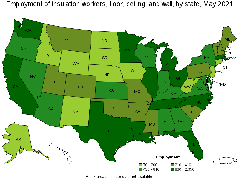 Map of employment of insulation workers, floor, ceiling, and wall by state, May 2021