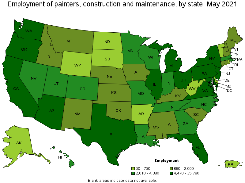 Map of employment of painters, construction and maintenance by state, May 2021