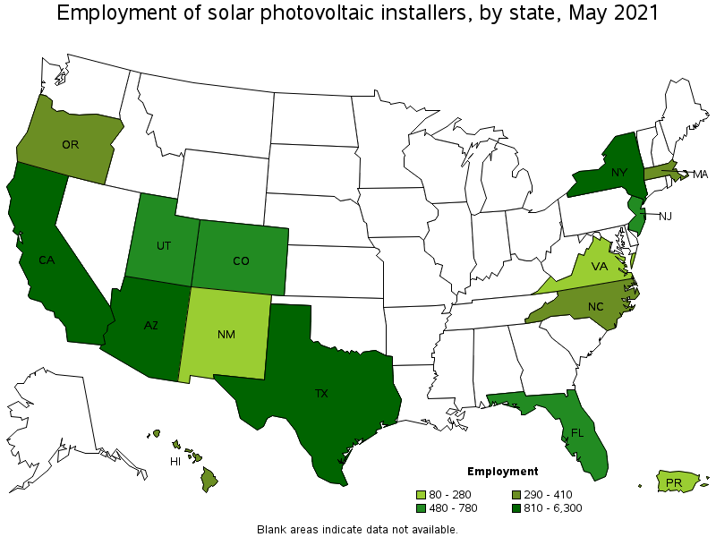 Map of employment of solar photovoltaic installers by state, May 2021