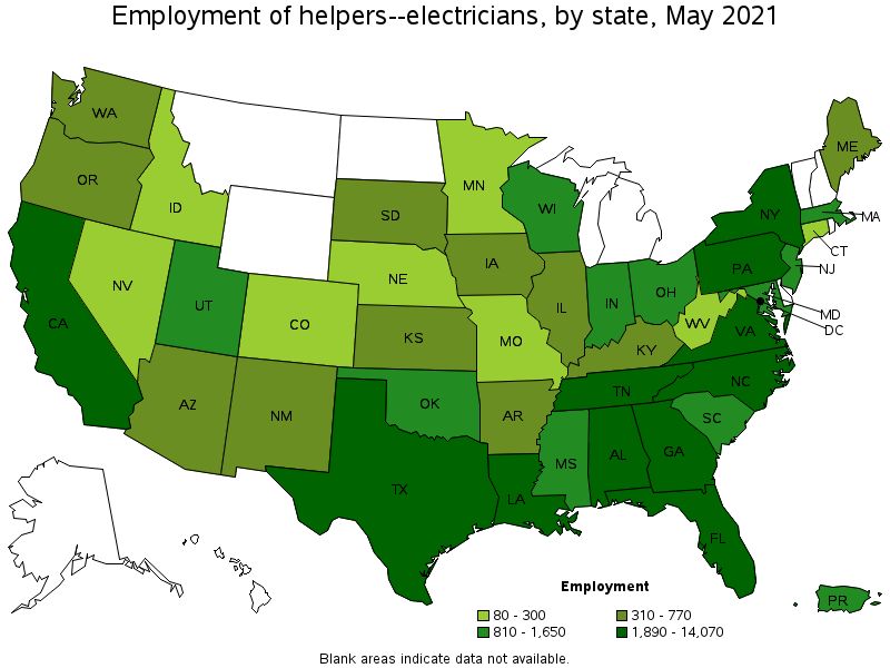 Map of employment of helpers--electricians by state, May 2021