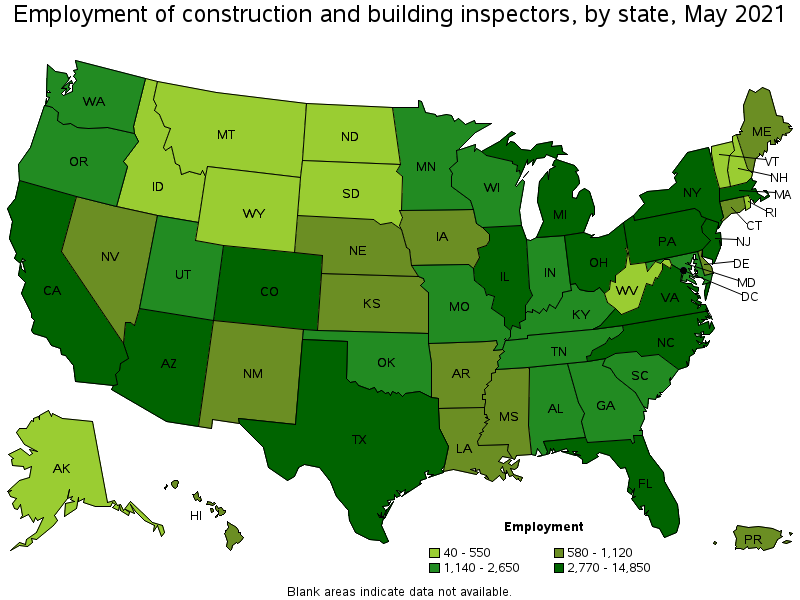 Map of employment of construction and building inspectors by state, May 2021