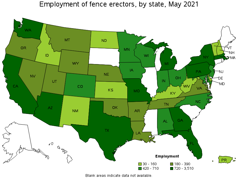 Map of employment of fence erectors by state, May 2021