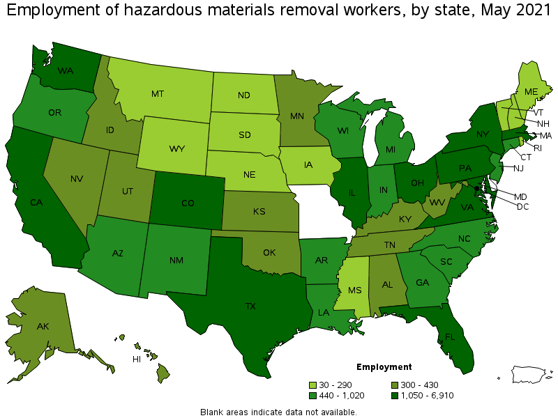 Map of employment of hazardous materials removal workers by state, May 2021