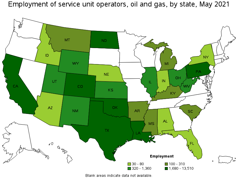 Map of employment of service unit operators, oil and gas by state, May 2021