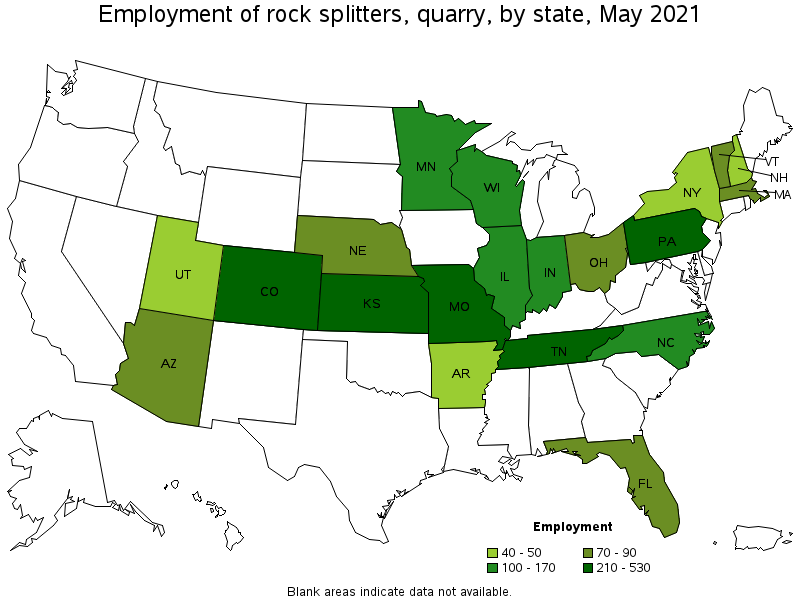 Map of employment of rock splitters, quarry by state, May 2021