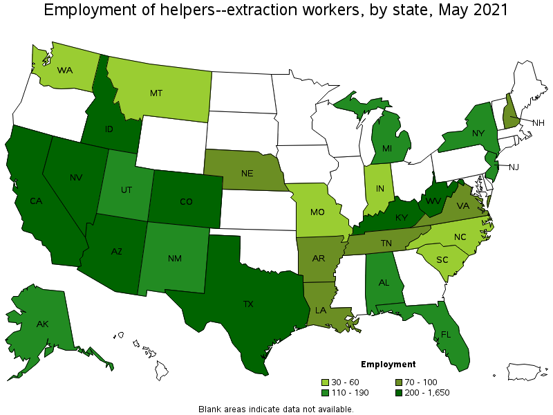 Map of employment of helpers--extraction workers by state, May 2021