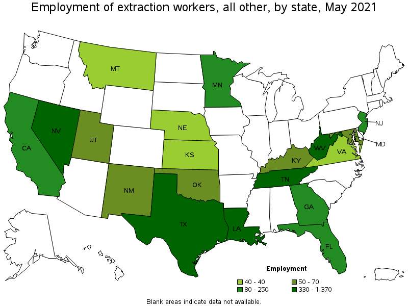 Map of employment of extraction workers, all other by state, May 2021