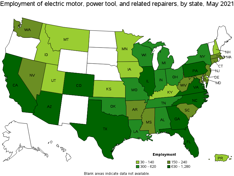 Map of employment of electric motor, power tool, and related repairers by state, May 2021