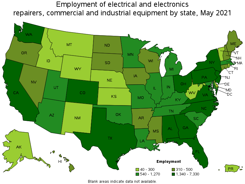 Map of employment of electrical and electronics repairers, commercial and industrial equipment by state, May 2021