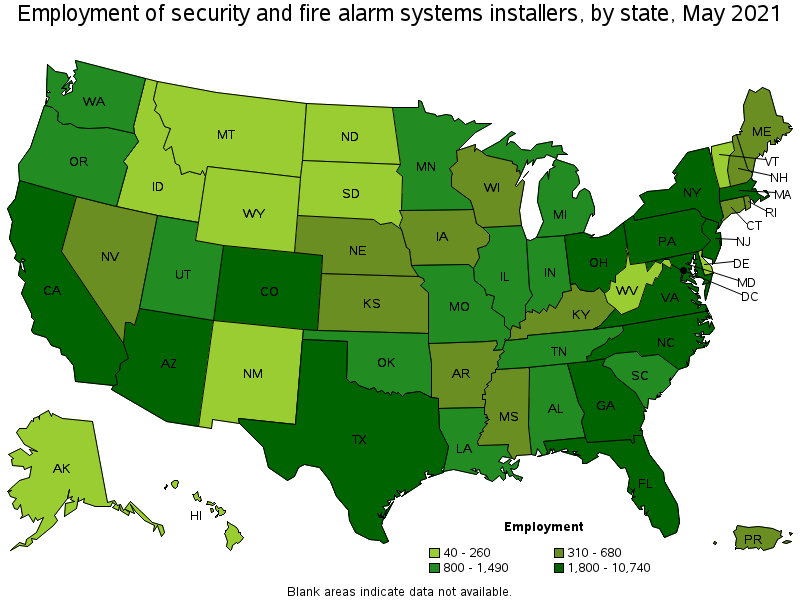 Map of employment of security and fire alarm systems installers by state, May 2021