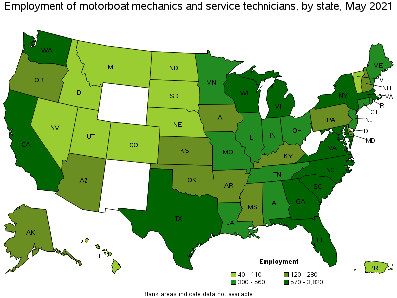 Map of employment of motorboat mechanics and service technicians by state, May 2021