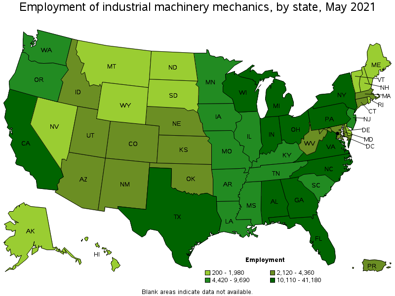 Map of employment of industrial machinery mechanics by state, May 2021
