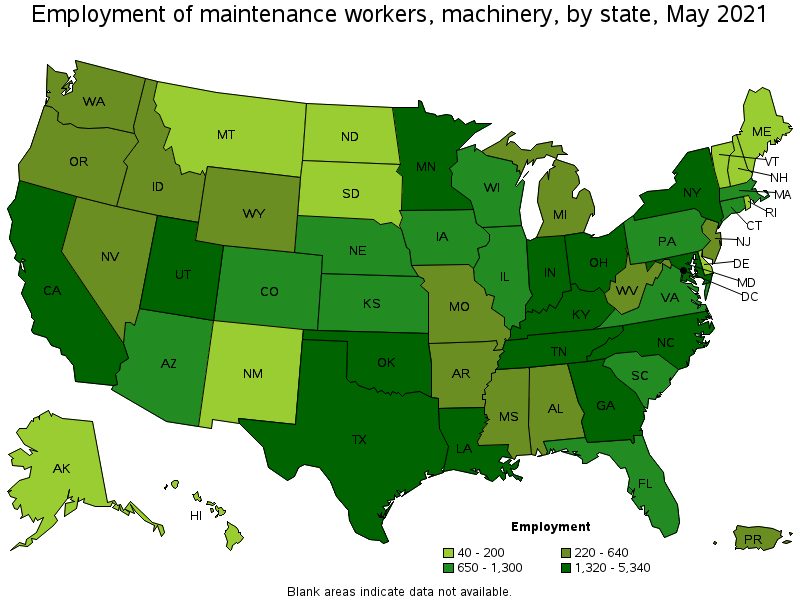 Map of employment of maintenance workers, machinery by state, May 2021