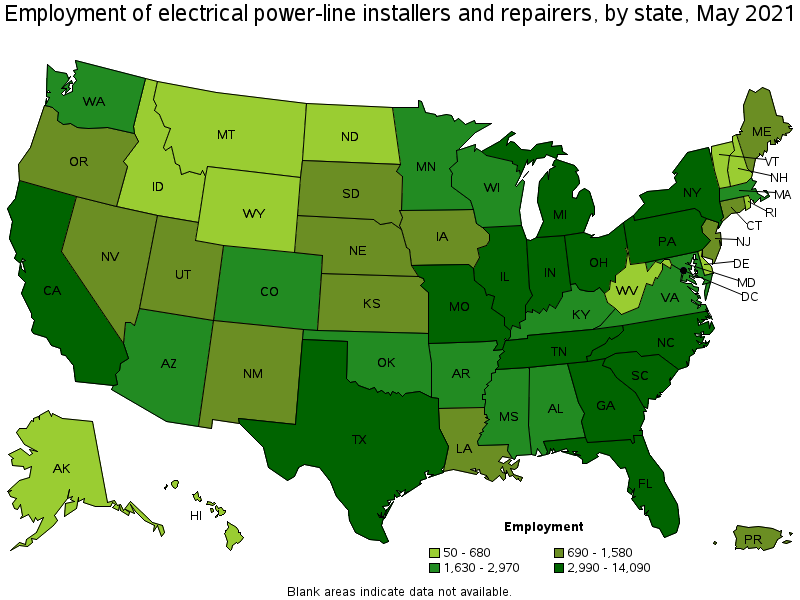 Map of employment of electrical power-line installers and repairers by state, May 2021