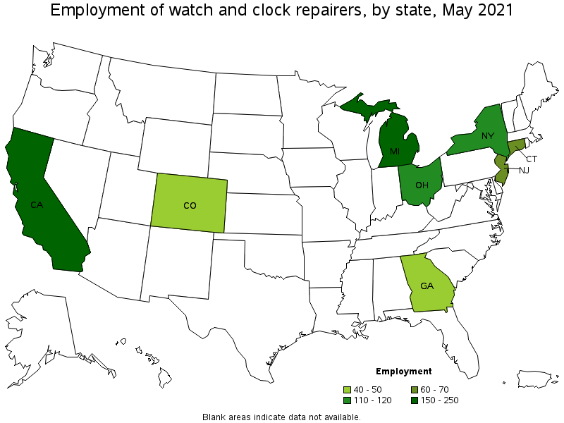 Map of employment of watch and clock repairers by state, May 2021