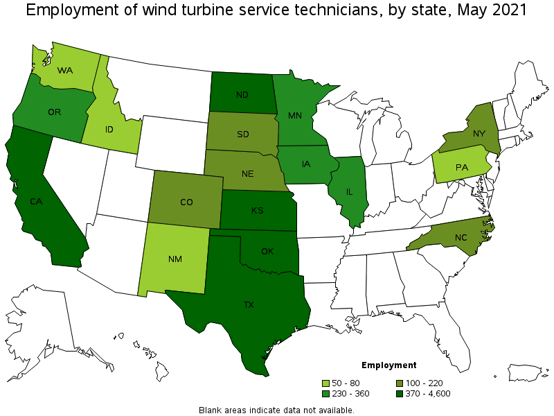 Map of employment of wind turbine service technicians by state, May 2021