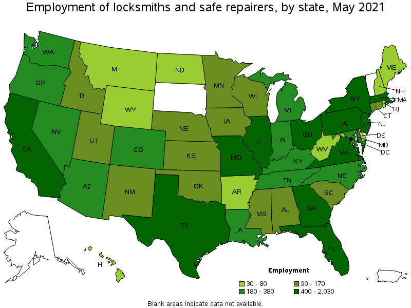 Map of employment of locksmiths and safe repairers by state, May 2021