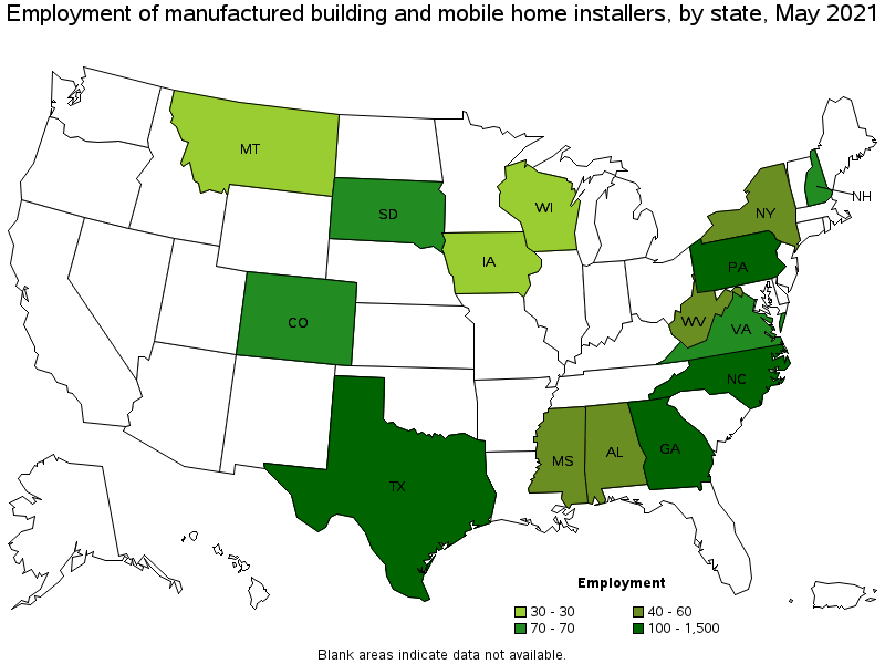 Map of employment of manufactured building and mobile home installers by state, May 2021