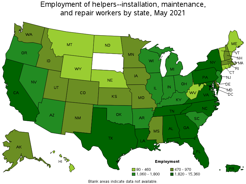 Map of employment of helpers--installation, maintenance, and repair workers by state, May 2021