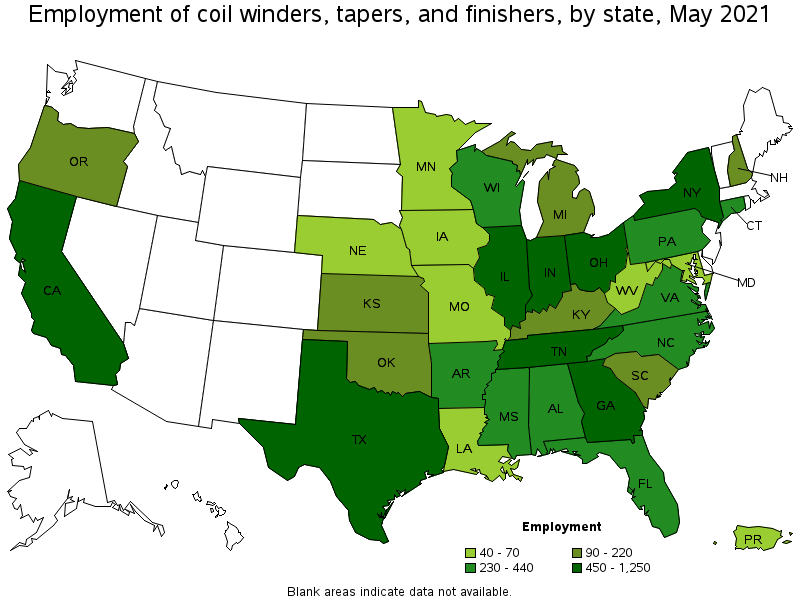 Map of employment of coil winders, tapers, and finishers by state, May 2021