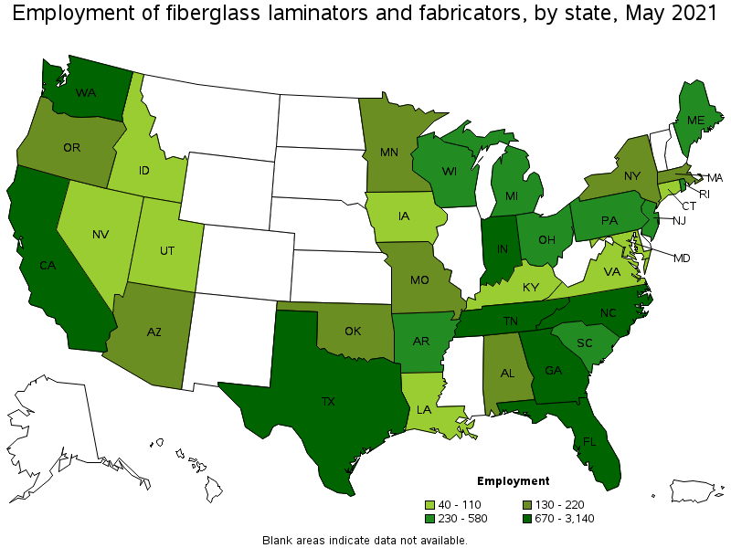 Map of employment of fiberglass laminators and fabricators by state, May 2021