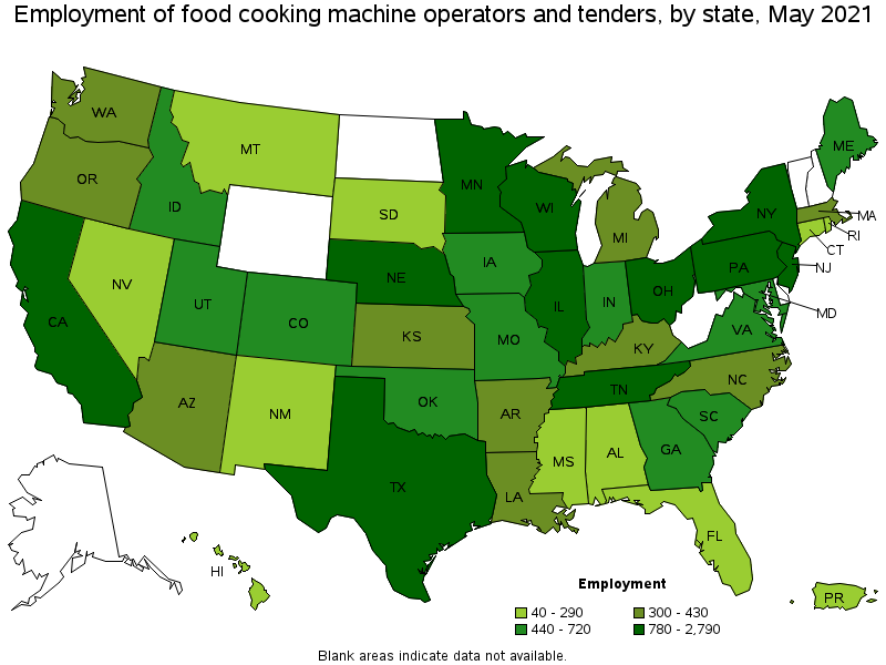 Map of employment of food cooking machine operators and tenders by state, May 2021