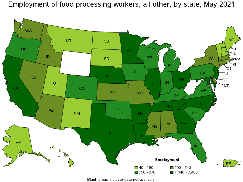 Map of employment of food processing workers, all other by state, May 2021