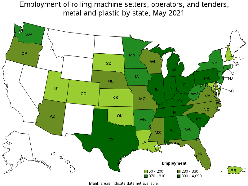 Map of employment of rolling machine setters, operators, and tenders, metal and plastic by state, May 2021