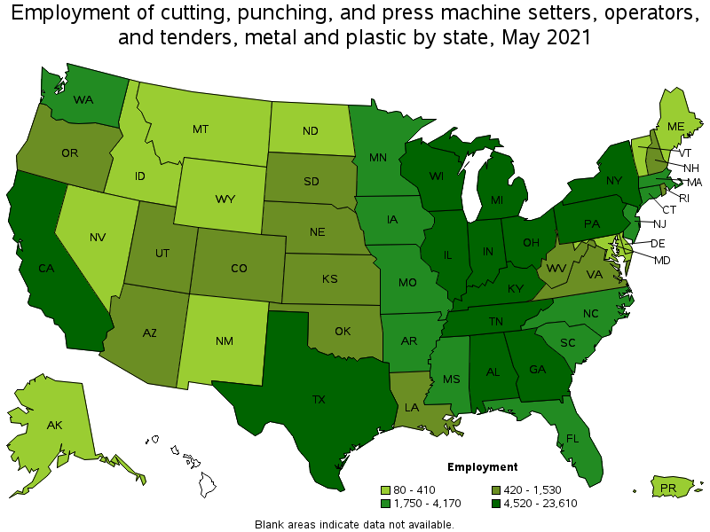 Map of employment of cutting, punching, and press machine setters, operators, and tenders, metal and plastic by state, May 2021