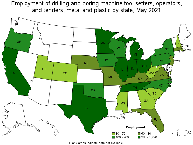 Map of employment of drilling and boring machine tool setters, operators, and tenders, metal and plastic by state, May 2021