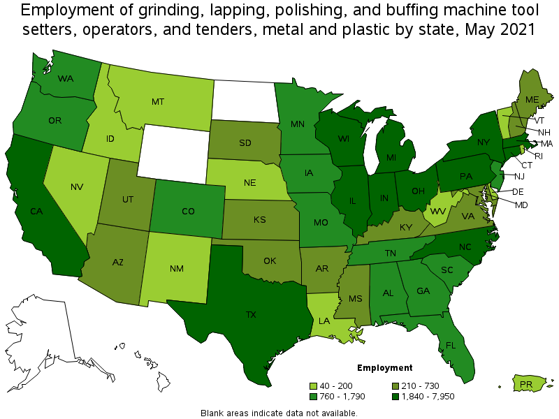 Map of employment of grinding, lapping, polishing, and buffing machine tool setters, operators, and tenders, metal and plastic by state, May 2021