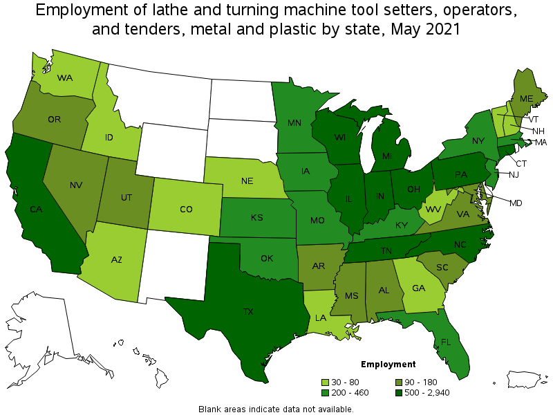 Map of employment of lathe and turning machine tool setters, operators, and tenders, metal and plastic by state, May 2021