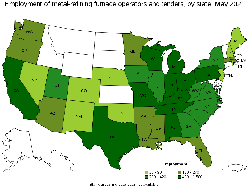 Map of employment of metal-refining furnace operators and tenders by state, May 2021
