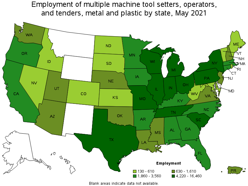 Map of employment of multiple machine tool setters, operators, and tenders, metal and plastic by state, May 2021