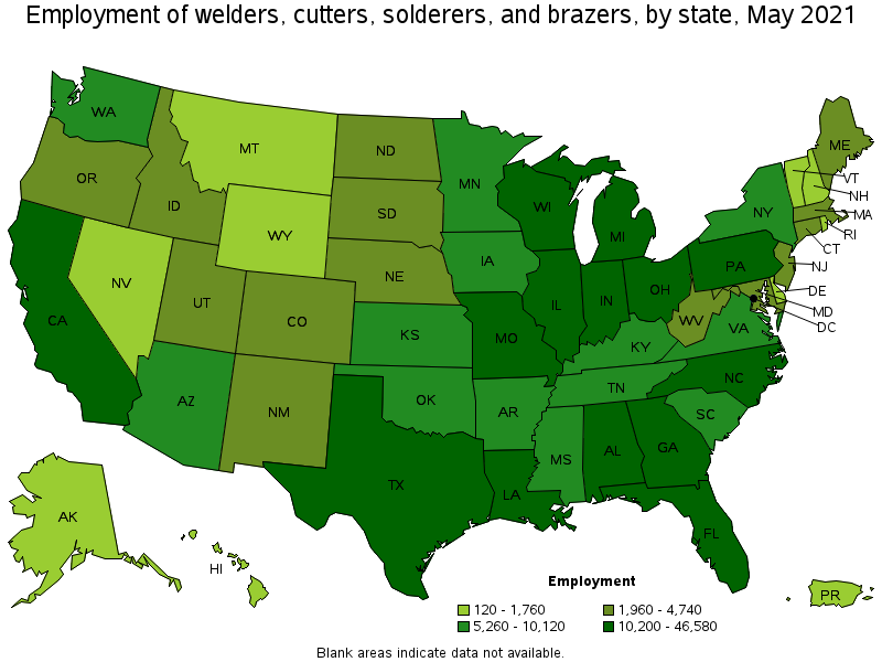 Map of employment of welders, cutters, solderers, and brazers by state, May 2021