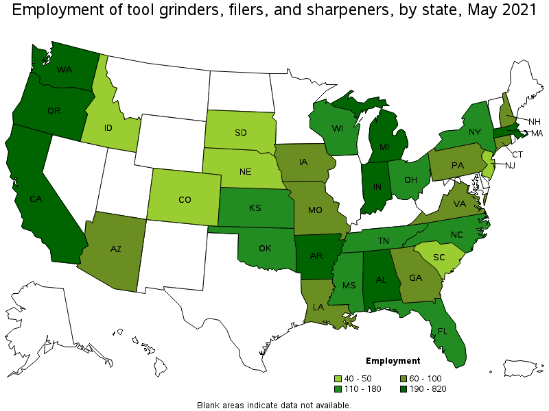 Map of employment of tool grinders, filers, and sharpeners by state, May 2021