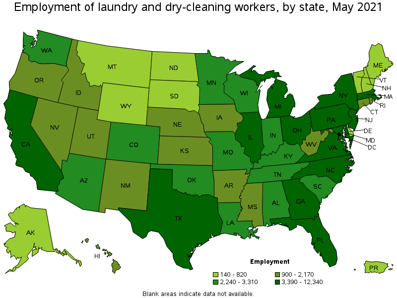 Map of employment of laundry and dry-cleaning workers by state, May 2021