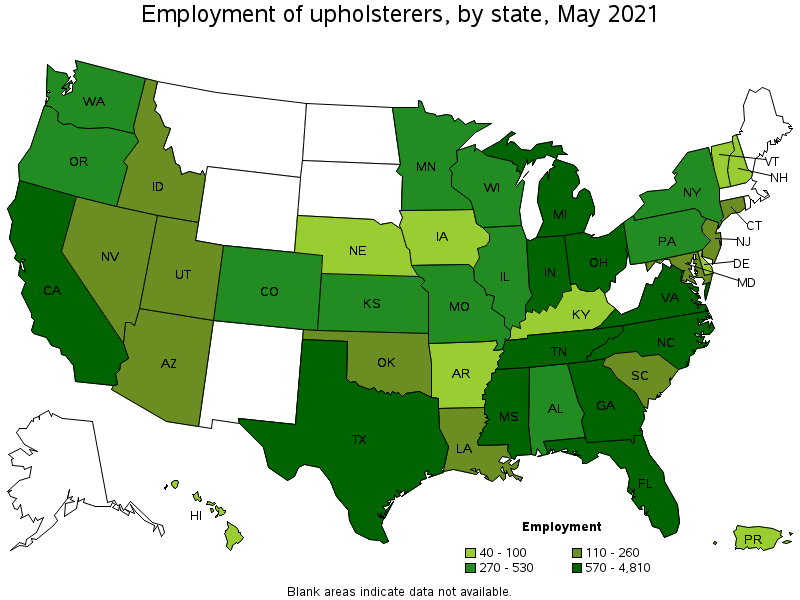 Map of employment of upholsterers by state, May 2021