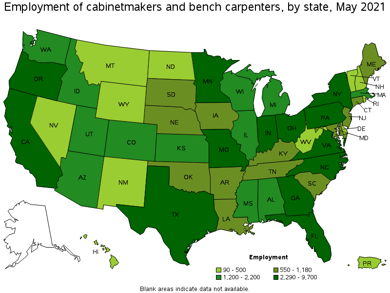 Map of employment of cabinetmakers and bench carpenters by state, May 2021
