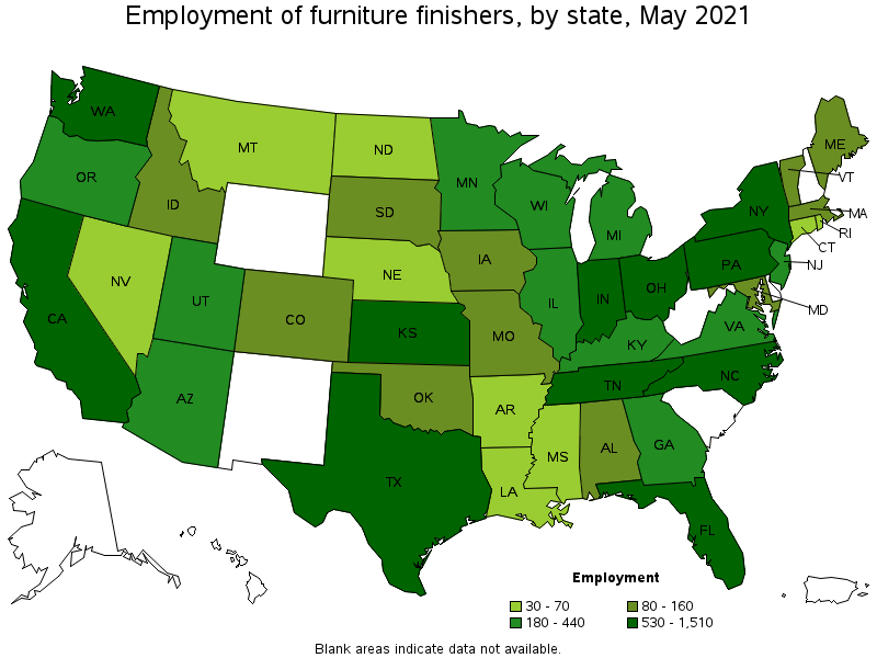 Map of employment of furniture finishers by state, May 2021