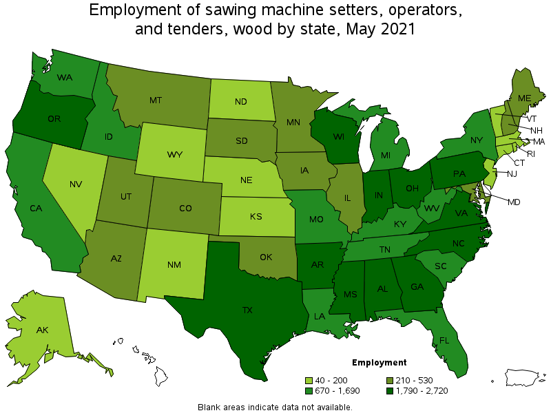 Map of employment of sawing machine setters, operators, and tenders, wood by state, May 2021