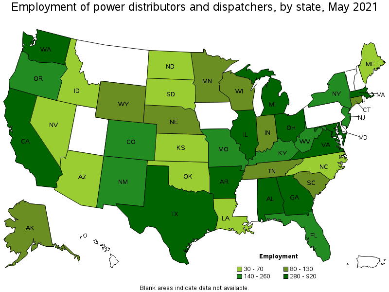 Map of employment of power distributors and dispatchers by state, May 2021