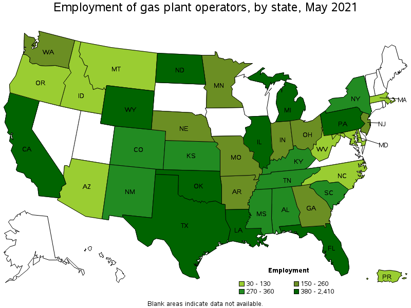 Map of employment of gas plant operators by state, May 2021