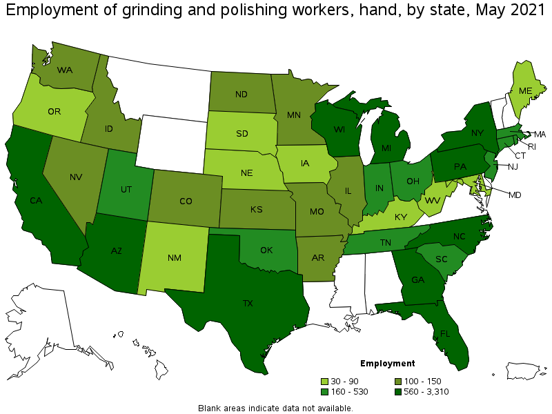Map of employment of grinding and polishing workers, hand by state, May 2021