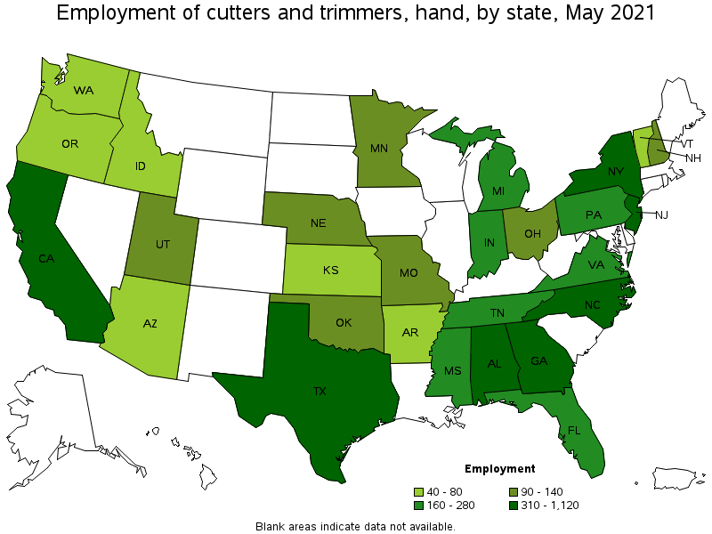 Map of employment of cutters and trimmers, hand by state, May 2021