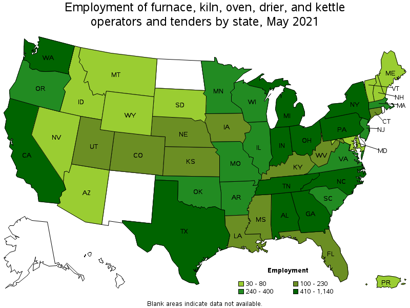 Map of employment of furnace, kiln, oven, drier, and kettle operators and tenders by state, May 2021