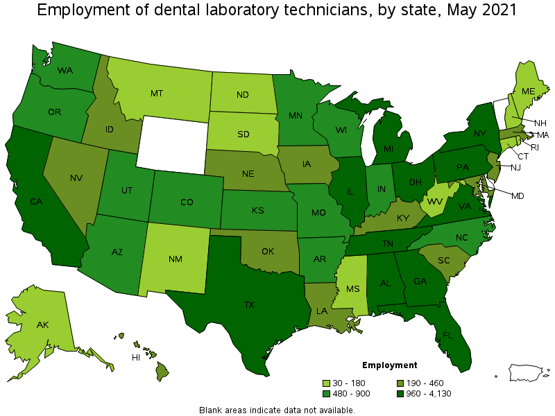 Map of employment of dental laboratory technicians by state, May 2021